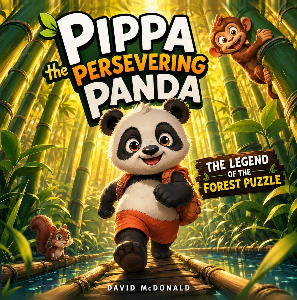 Cover of Pippa the Persevering Panda: The Legend of the Forest Puzzle by David McDonald. A panda cub in an orange backpack walks a bamboo bridge through a sunlit bamboo forest, with a monkey overhead and a squirrel beside the path.