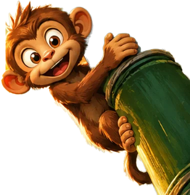Milo the monkey, hanging from a bamboo stalk
